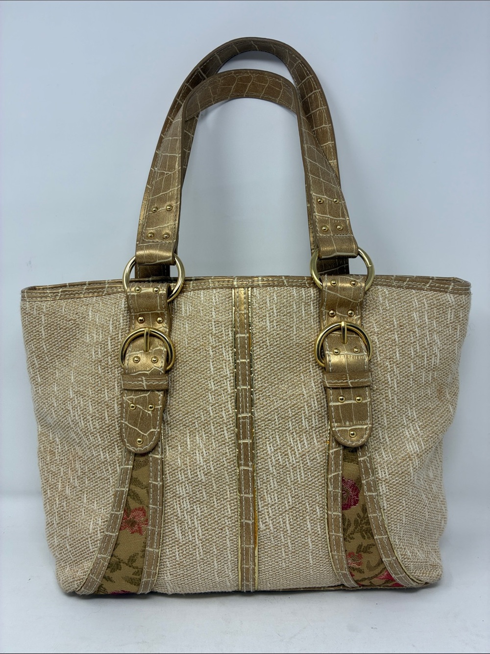 Vintage AMERICA Textured Croc & Tapestry Woven Tote Bag Gold Faux Buckle Studs